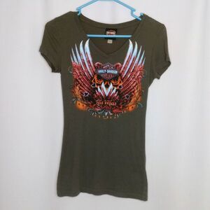 Harley Davidson Graphic T Shirt V Neck Short Sleeve Fitted Cotton Womens Small